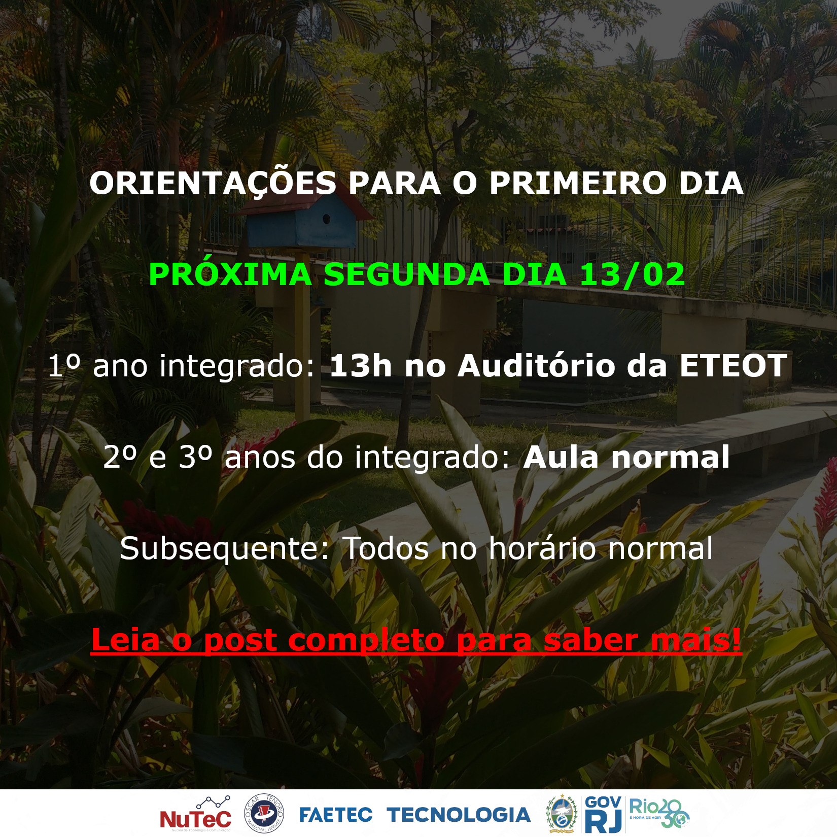 Orientações para o primeiro dia Escola Técnica Estadual Oscar Tenório